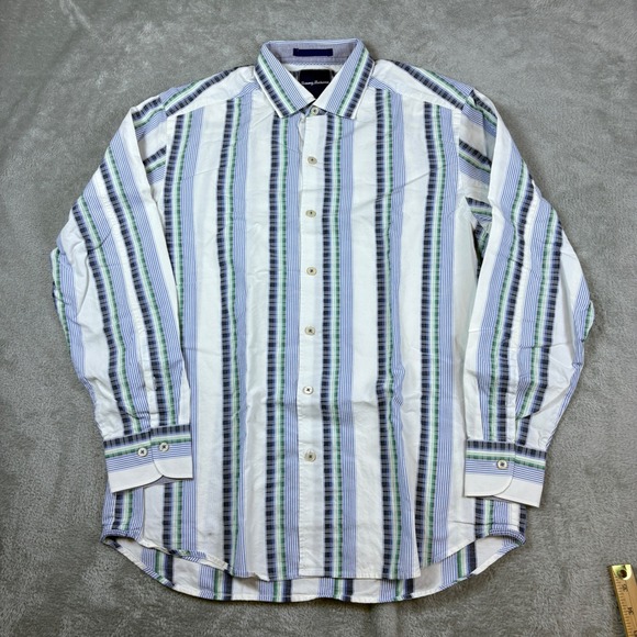 Other - Tommy Bahama Shirts Men Medium Striped Cotton Silk Long Sleeve White Blue Green